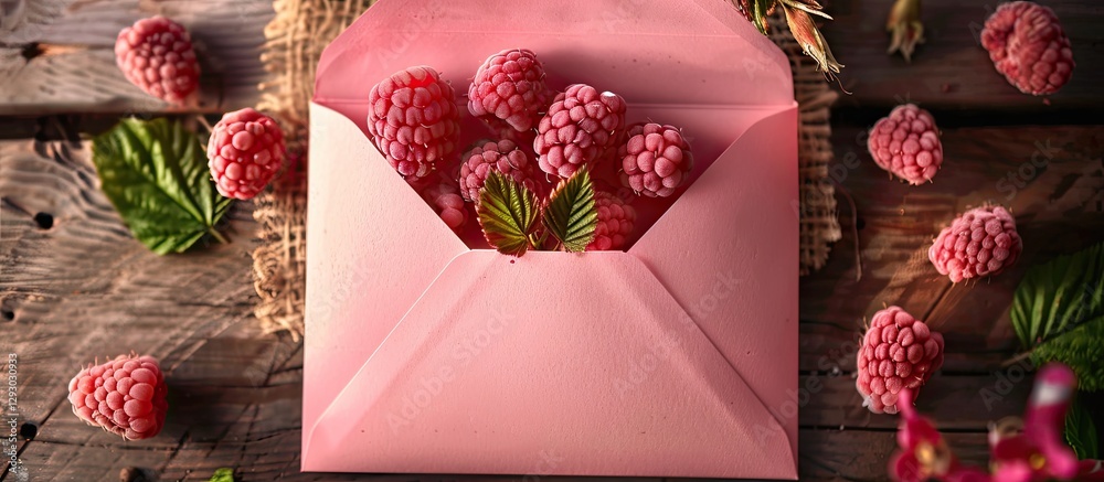 Poster fresh pink envelope overflowing with ripe raspberries and green leaves on rustic wood background wit