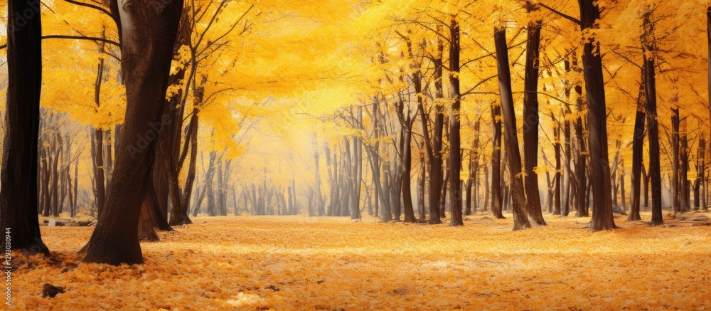 Fototapete Vibrant yellow autumn trees create a serene forest scene with soft lighting and ample copy space in the foreground and background for design use