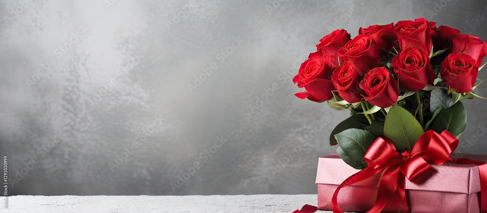 Poster a bouquet of vibrant red roses rests beside a pink gift box on a textured stone floor with a neutral