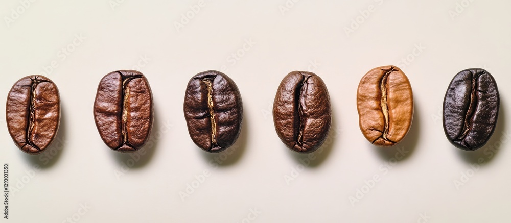 Poster high-quality gourmet roasted coffee beans in various shades of brown displayed horizontally on a lig