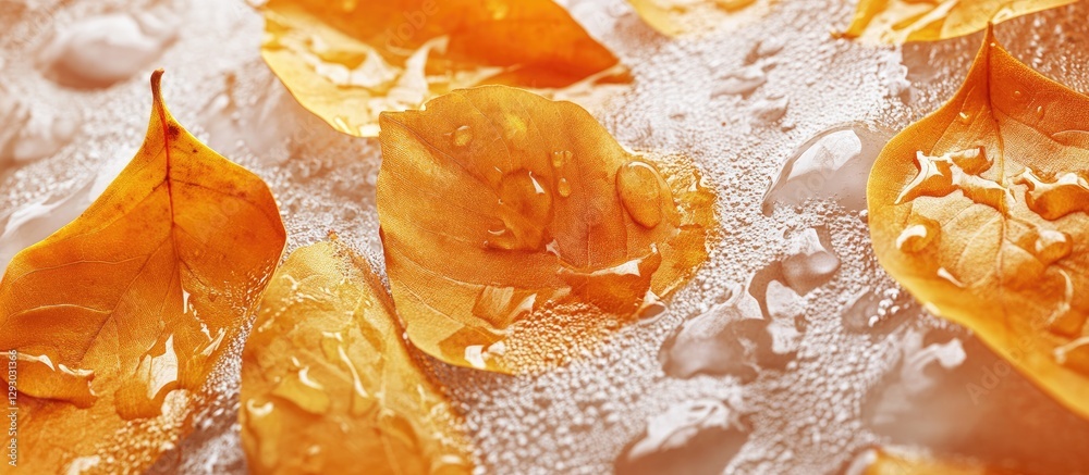 Poster Golden orange leaves floating on clear water with bubbles, creating a serene and refreshing autumn ambiance, captured in close-up detail.