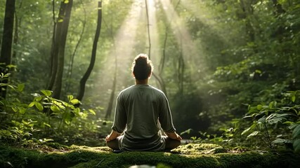 A serene video scene of a person meditating in a lush forest, captured from behind at a low angle, emphasizing tranquility and nature's beauty.
