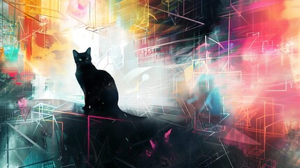 Mysterious Black Cat Silhouetted Against Vibrant Abstract Digital Background