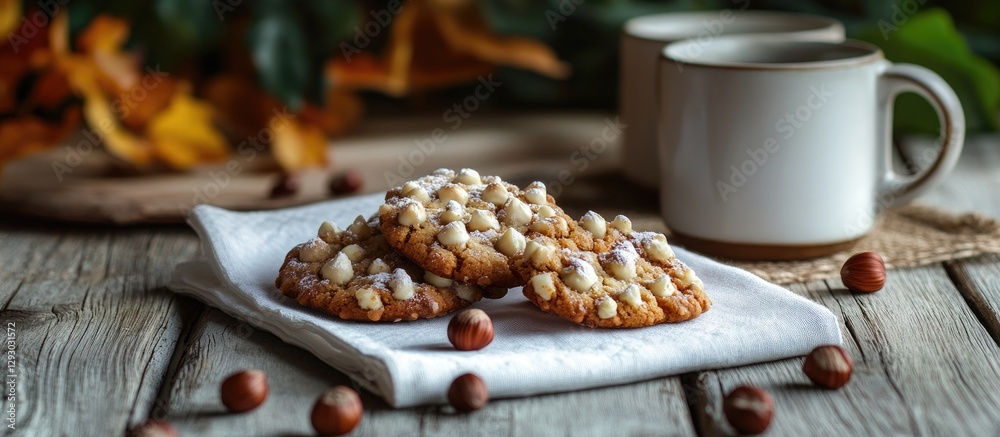 Poster nut cookies on a white napkin with hazelnuts and two mugs in the background, featuring warm autumn c
