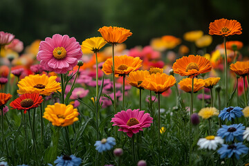 Obraz premium Kaleidoscope Blooms, A vibrant symphony of wildflowers in serene meadow