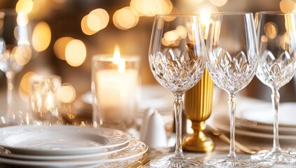 Table set beautifully with crystal glasses, golden candle, and white plates.