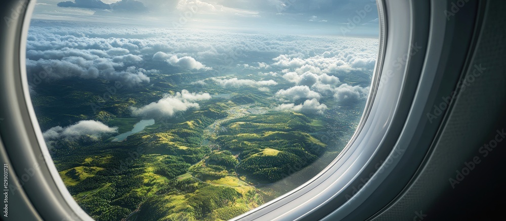 Aufkleber Serene aerial view from an aircraft window showcasing lush green valleys and clouds under soft sunlight with a calming blue sky in the background