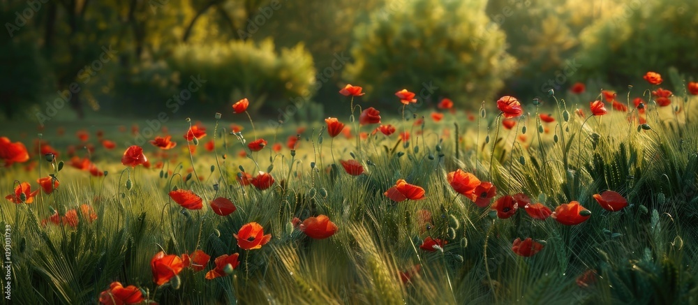 Poster vibrant field of red poppies under soft golden sunlight with lush green grass swaying gently in the 