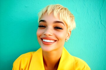 Commercial ad campaign concept artwork. Attractive smiling mixed-race girl - for ads, media and online banner banner use. Short haircut - blond hair. Chic campaign ads. Advertising bold colors.