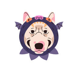 Fototapeta premium Avatar of Bull terrier in cute Halloween costume. Portrait of happy dog in funny hat. Muzzle of puppy in carnival suit. Joyful doggy in comic headdress. Flat isolated vector illustration on white