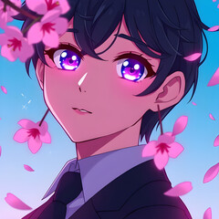 AI-generated anime boy in formal black suit with gentle smile under cherry blossoms
