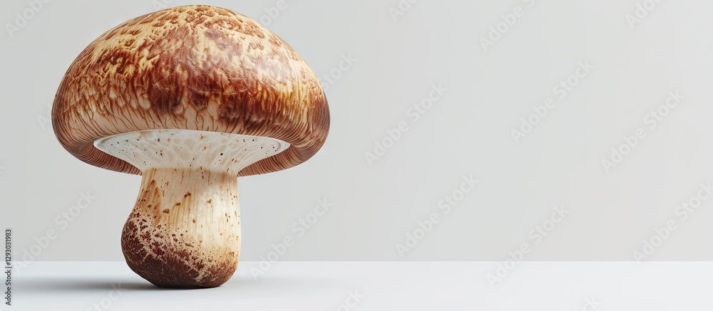 Poster Nameko mushroom with detailed texture positioned on the left side of a clean white backdrop offering ample copy space on the right side