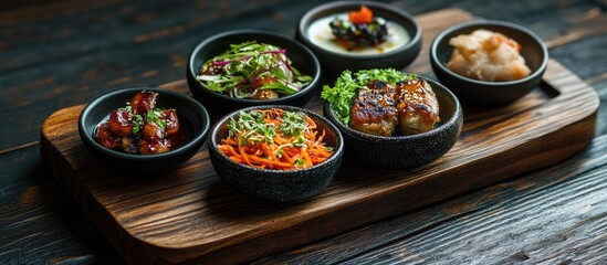 Colorful assorted Korean side dishes served in black bowls on a wooden platter with a rustic dark wooden background showcasing vibrant ingredients.