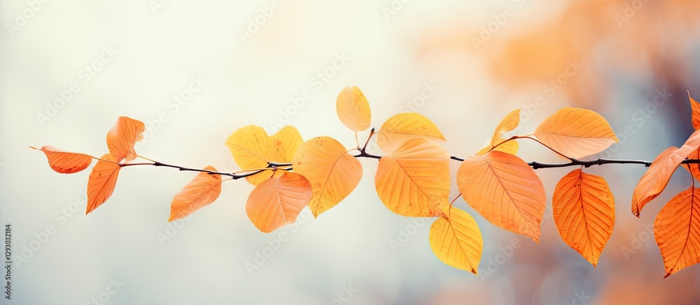 Aufkleber Golden-orange autumn leaves gently swaying on a slender branch with a soft blurred background showcasing warm tones of nature's transition.