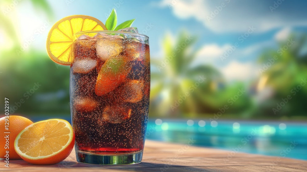 Poster A refreshing glass of fizzy soda garnished with citrus slices, sitting on a poolside table with a blurred background of a sunny day.