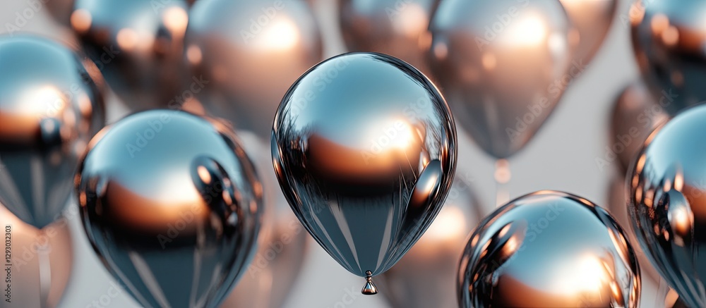 Poster shiny metallic balloons with a surreal mirror effect in silver and copper tones, featuring varied si