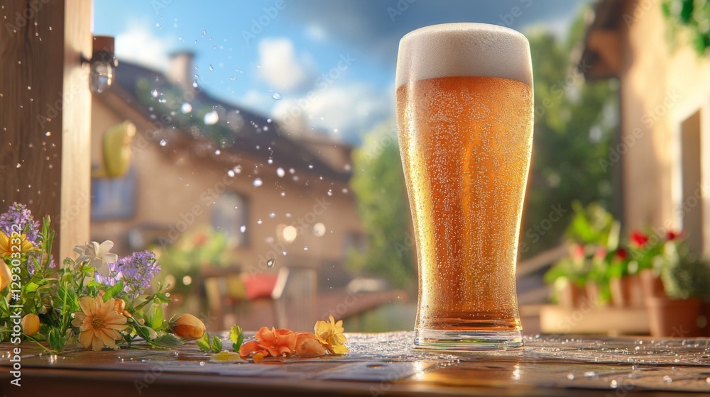Poster a refreshing pilsner in a sleek glass, with condensation droplets running down the sides, set agains