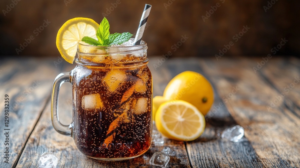 Poster a refreshing soda served in a mason jar with ice, topped with a lemon slice and mint, sitting on a r