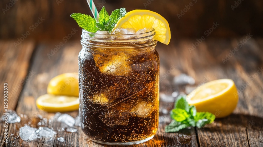 Poster a refreshing soda served in a mason jar with ice, topped with a lemon slice and mint, sitting on a r