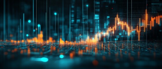 Fototapeta premium A computer generated image of a city with a lot of orange and blue lines