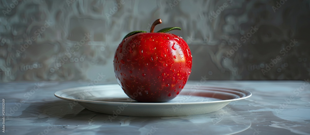 Poster miniature red apple cake sculpture on a white plate centered against a gray textured background with