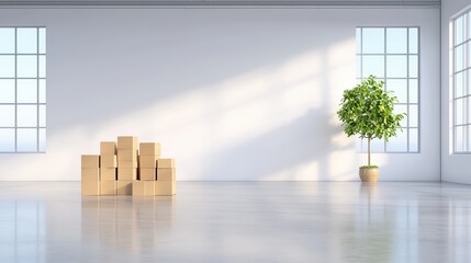 A spacious, minimalist room with large windows, a stack of boxes, and a potted plant, illuminated by soft natural light.cargo management warehouse scheduling
