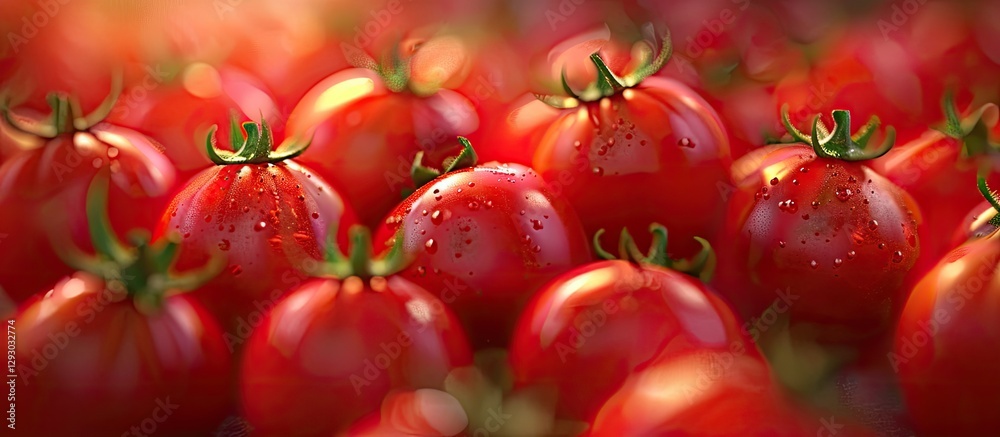 Poster Vibrant red mini tomatoes clustered together with glistening surface, soft natural light creating appealing copy space in the background.