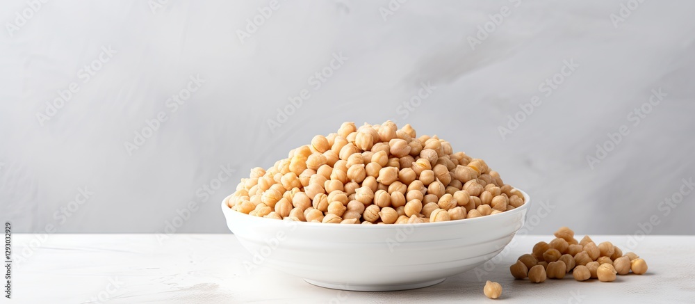 Aufkleber chickpeas in a white bowl on a light grey background with a mound of raw chickpeas spilling beside t