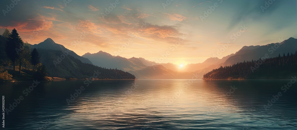 Aufkleber serene lake reflecting golden hues of sunset surrounded by mountains under a colorful sky with soft 