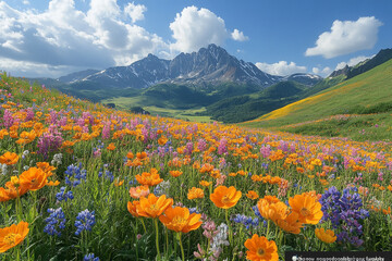 Fototapeta premium Alpine Meadow Symphony, A Tapestry of Wildflowers and Majestic Peaks