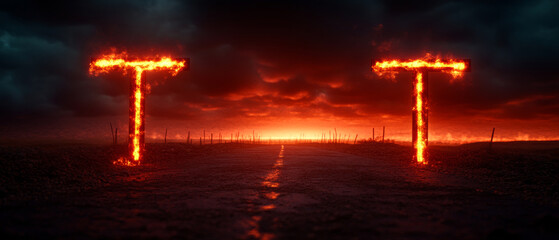 fiery highway at twilight with glowing letters, creating ominous atmosphere