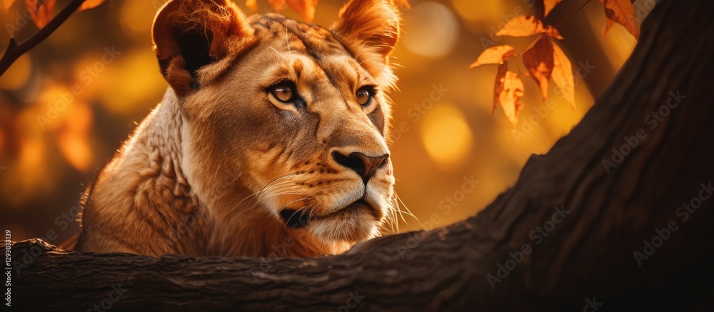 Poster lioness gazing through blurred autumn branches with warm bokeh background featuring golden and orang