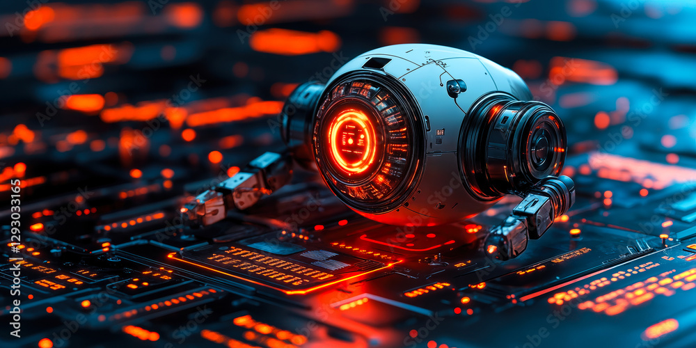 Poster futuristic ai robot with glowing red lights on circuit board surface in sci-fi environment represent
