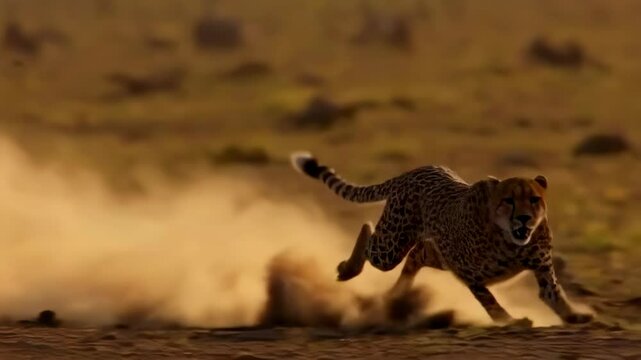 A fierce cheetah dashes through a dusty savanna, kicking up clouds of dirt as it races forward with incredible speed and power.