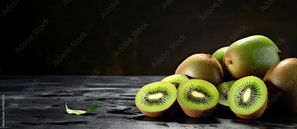 Poster Fresh kiwi fruits arranged on a black kitchen table with vibrant green inside slices visible and a dark background creating contrast.