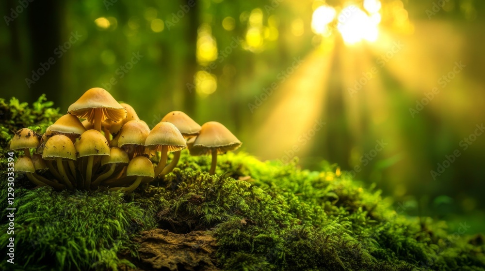 Poster a serene forest scene featuring a cluster of mushrooms growing on moss-covered ground, with dappled 