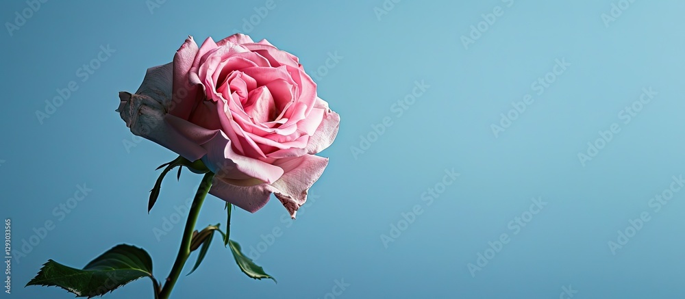 Poster delicate pink rose positioned to the left against a smooth blue backdrop providing ample copy space 