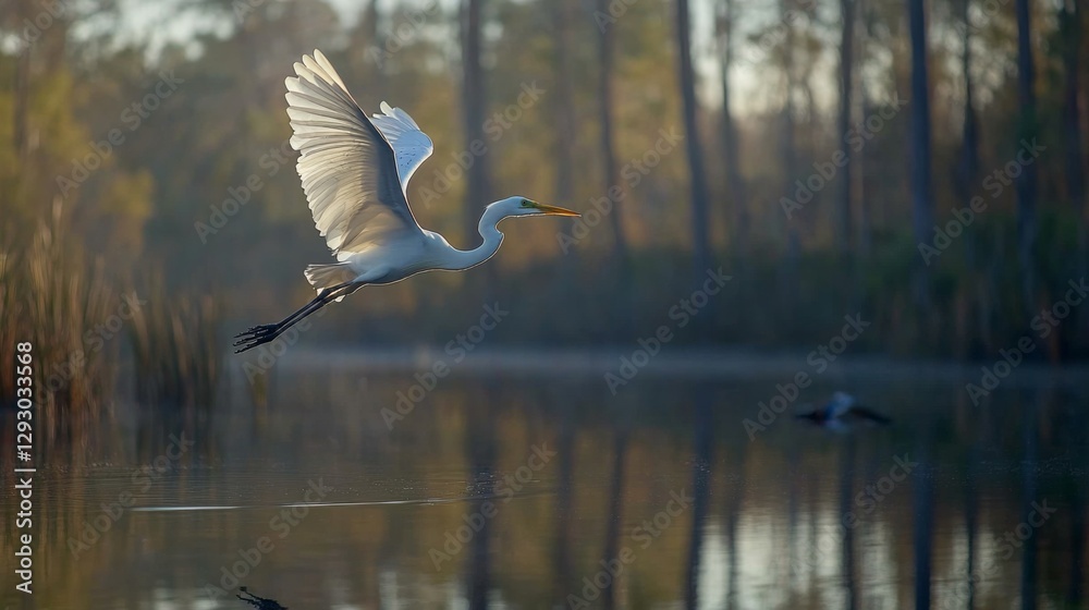 Poster a serene image of a white heron gracefully flying over a calm lake, its reflection visible on the wa