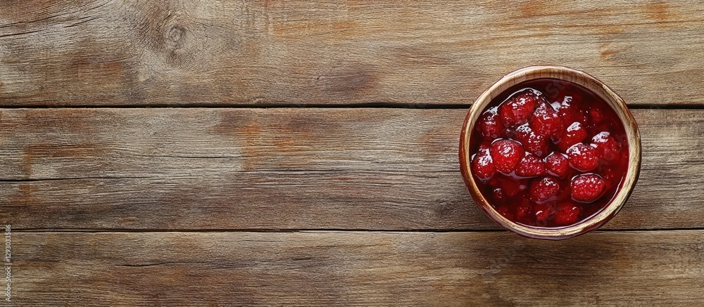 Poster Raspberry preserves in a copper bowl on a textured wooden surface with ample negative space for text viewed from above in natural light