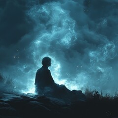 Obraz premium A psychic medium sits in a trance, eyes closed, as spiritual energy swirls around them. Generative AI