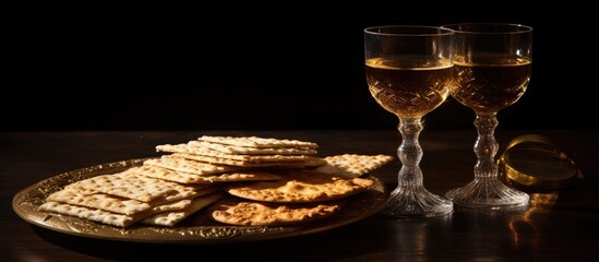 Traditional Pesach table setup featuring hand-made matzah on a dark plate, with two elegant glasses of wine illuminated against a black backdrop.