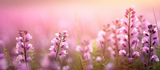 Obraz premium Delicate pink flowers blooming in a soft haze on a vibrant meadow, with gentle greens and warm pastel hues in the background.