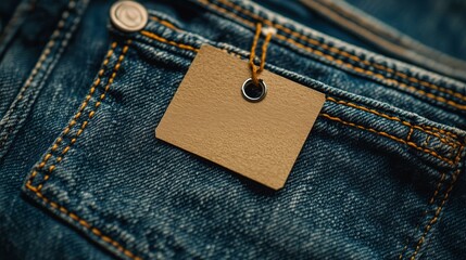 Stylish denim jeans with blank tag hanging on back pocket for promotional display in store