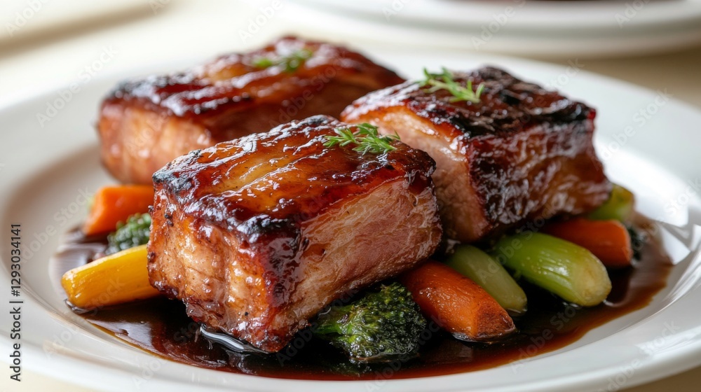 Poster a slow-cooked pork belly presented with a glossy glaze, resting on a bed of sauted vegetables and dr