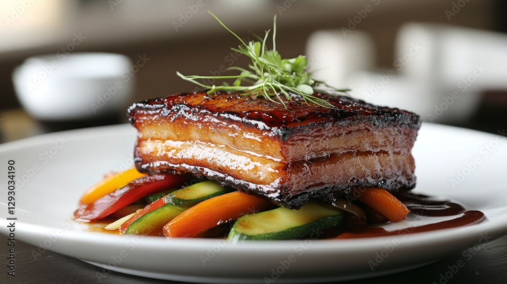 Poster a slow-cooked pork belly presented with a glossy glaze, resting on a bed of sauted vegetables and dr