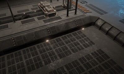 Obraz premium Corridor side walkway in the base of operations modular science fiction in dark scene 3d rendering wallpaper background