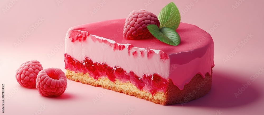 Aufkleber raspberry cheesecake slice with pink glossy topping and mint leaves on top against a pastel pink bac