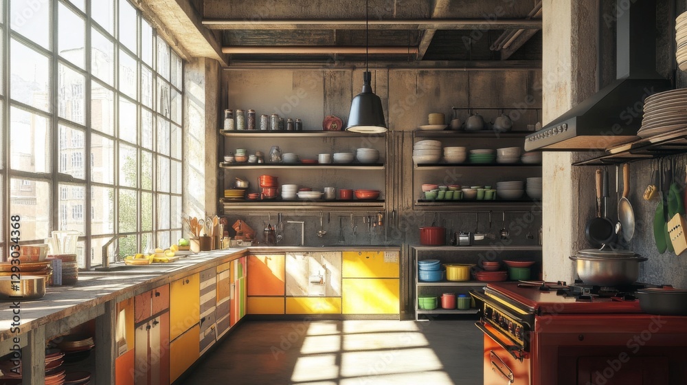 Poster a spacious kitchen with large windows allowing natural light to flood in, highlighting the open shel