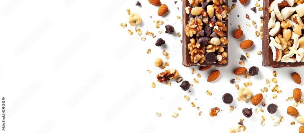 Aufkleber muesli bars with mixed nuts and dark chocolate on white background with space for text positioned at