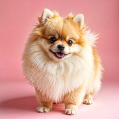 A fluffy Pomeranian dog with brown and white fur, small erect ears, and a pointed snout, set against a vibrant pink background